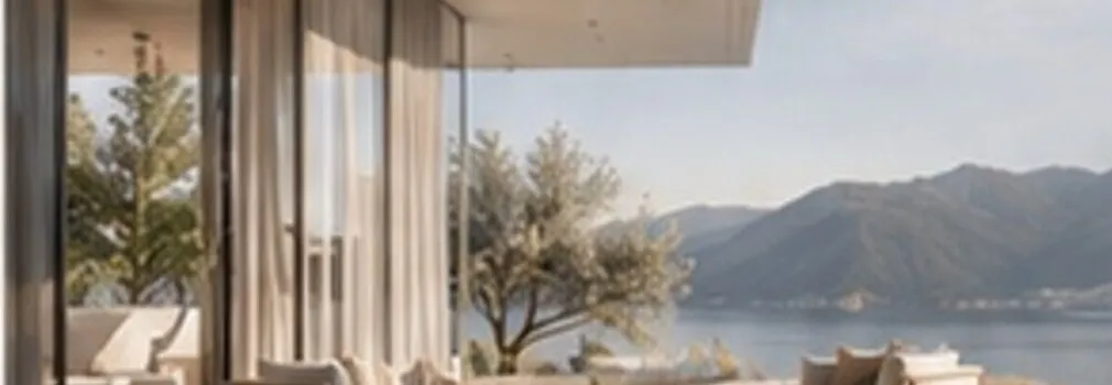 Terrasse eines modernen Hauses mit Blick auf eine Berglandschaft